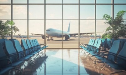 an airport waiting area with blue chairs and large windows overlooking the runway, blurred airplane in the background Generative AI