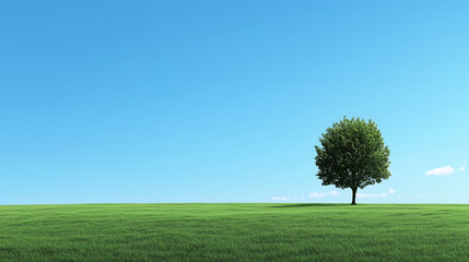 One tree on a green, grassy field with a blue sky background.