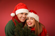 © Pixel-Shot - Happy young couple with Christmas tree on red background