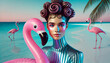 © chand - Dreamy portrait of a woman with unique hairstyle and pink inflatable flamingo.