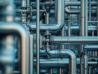 A close-up view of complex metallic piping systems, showcasing interconnected pipes and valves in a modern industrial setting.