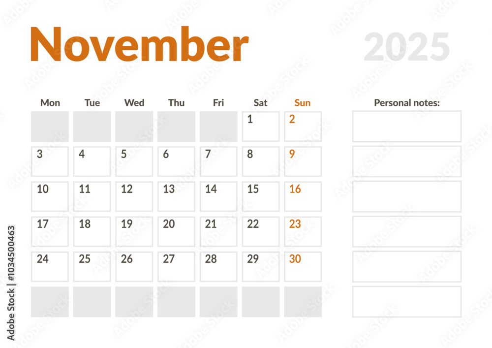 Monthly page Calendar Planner Template of November 2025. Vector layout ...