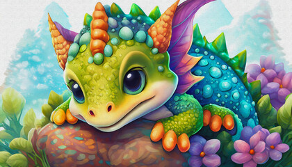 Poster - oil painting style CARTOON CHARACTER illustration  CUTE baby Sleeping dragon on a rock on color background Closeup