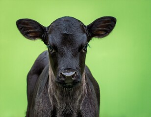 a young calf stands on a green backdrop looking directly at the camera