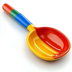 A colorful plastic beach shovel isolated on a white background.