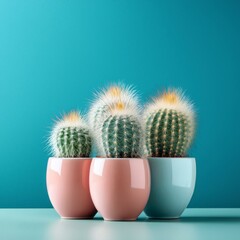 Wall Mural - cacti standing on table top on blue background fluffy cactus in a pot space for text a banner with copy space matching the design pastel colors