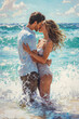 © AI_images - In this idyllic scene, a stunning Caucasian couple kisses gently in the turquoise ocean, surrounded by sparkling sunlight and playful waves. Their carefree smiles and the backdrop of a sunny beach