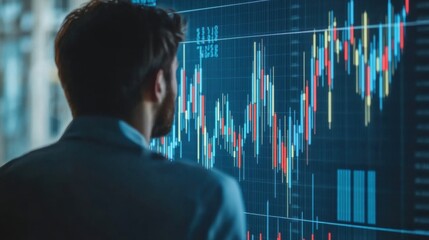 Businessman looking at digital stock market chart on blue background investment concept