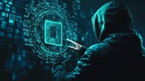 Vector graphic illustrating a hacker and cybercrime theme, featuring a QR code element