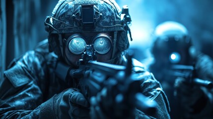 Aufkleber - Two soldiers are prepared for a tactical mission, utilizing night vision equipment while navigating through a dimly lit space at night. Their focus suggests a high-stakes operation.