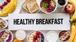 © organik - Healthy breakfast food table scene. Top down view over a white wood banner background.