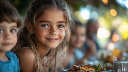 A group of children shares a delightful meal outdoors as the sun sets, filling the air with laughter and joy. One girl beams with happiness, surrounded by friends.