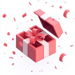 This is a 3D render illustration of an open red gift box with pink ribbon, bow, and cap flying away from it.