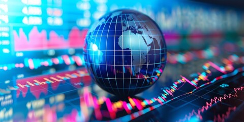 Global economic trends illustrated through a dynamic, 3D chart overlaid on a digital globe