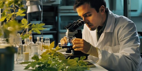 Leinwandbilder - Laboratory researcher examining plant disease under a microscope, with pathogen-infected leaf samples and lab equipment around