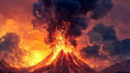 Wall Mural - A volcano erupts, sending lava and ash into the air, creating a fiery spectacle against the dark clouds