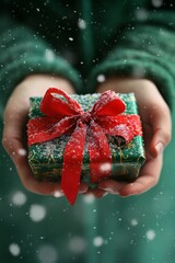 A person holds a red bow on a beautifully wrapped gift as snow gently falls around them