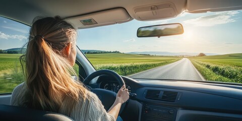 Woman enjoying a serene drive in an electric car through a countryside road, green fields, and clear skies