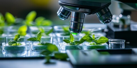 Poster - Laboratory analysis of genetically engineered plants under a microscope, showcasing altered cell structures and gene expression