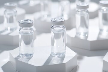 Wall Mural - An image of a glass medical bottle with a vaccine and decorative blocks on a white background