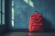 © anastasiia - A red backpack sits by a wall, symbolizing travel or education.