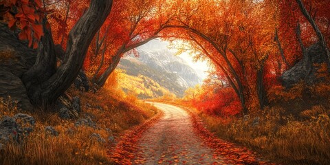 Poster - A tranquil autumn pathway through golden and red foliage. The sunlight filters through vibrant trees, creating a serene atmosphere. Perfect for nature lovers and seasonal themes. AI