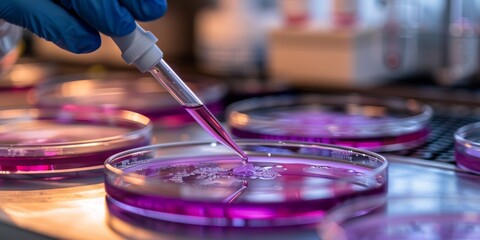 Wall Mural - scientist using a pipette to add a drop of purple liquid to a petri dish, with a detailed lab backgr