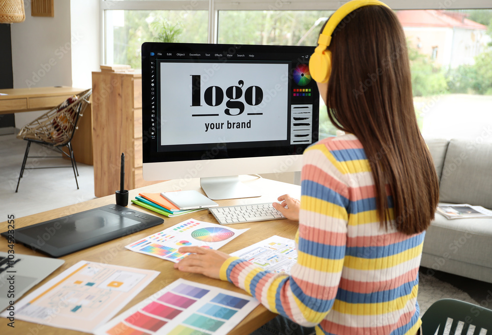 Female graphic designer in headphones working with computer at office ...