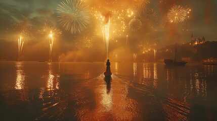 Wall Mural - fireworks over the river