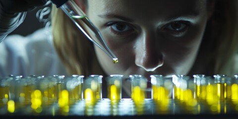 Wall Mural - Scientist using a pipette to add a drop of yellow liquid to a series of test tubes, with a detailed lab background