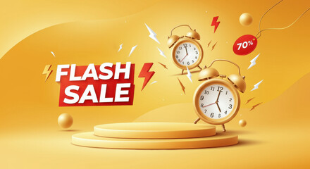 Yellow flash sale advertisement with two alarm clocks and discount tag