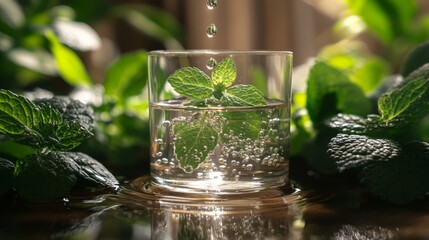 Poster - Droplets fall into a glass filled with water and mint leaves, creating bubbles against a backdrop of vibrant green foliage and soft sunlight filtering through.