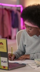 Aufkleber - Night, laptop and writing with black woman in bedroom for research assignment, college thesis and online portal. Education, knowledge and elearning with girl at home for university, school or project