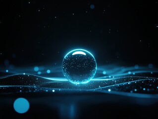 Glowing blue sphere floating in dark space with abstract light effects.