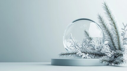 Poster - A decorative glass dome filled with artificial snow rests on a smooth surface, surrounded by delicate evergreen branches. The soft winter light creates a serene atmosphere perfect for the season.