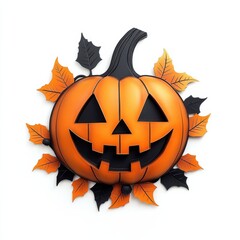 Smiling Halloween pumpkin with leaves, white isolated background.