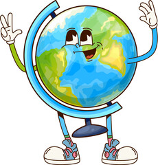 Poster - Groovy globe school character. Elementary school supplies happy character, child study accessory or student stationery funny 60s 70s vector personage. Geography learning globe cheerful groovy mascot