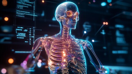 Leinwandbilder - A holographic representation of a skeleton illuminates various anatomical features while data overlays provide physiological information. The futuristic background enhances the scientific atmosphere.