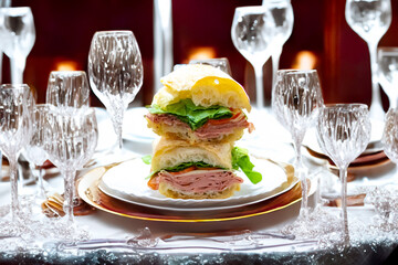 Italian mortadella bologna sandwich with arugula, tomato and cheese on ciabatta bread