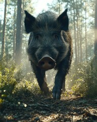 Wall Mural - Majestic Wild Boar Roaming in Sunlit Forest Wilderness, Captivating Nature Scene, Wildlife Adventure Photography, Tranquil Woodland Environment