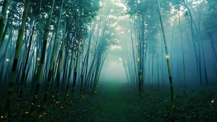 Mystical bamboo forest path lit by fireflies.