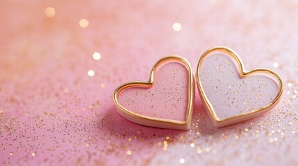 Two delicate heart-shaped decorations sit on a soft, sparkly pink background, symbolizing love and romance.