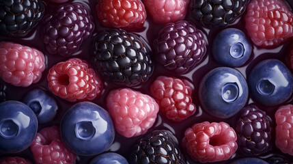 Wall Mural - a close-up, top-down view of a cluster of gel-glazed mixed berries, including blueberries, raspberries, blackberries, and strawberries, filling the entire frame