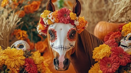 This adorable horse decorated with a floral wreath and sugar skull face paint stands proudly among vibrant Dia de los Muertos decorations embodying the festive spirit of the occasion