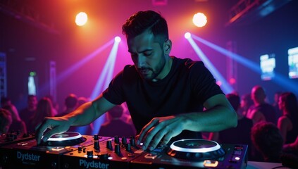 DJ spinning tunes at a lively club with glowing deck and strobes under pulsing neon lights Club Night Track Mixing Party Atmosphere