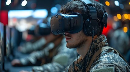 Aufkleber - A group of soldiers occupies a dimly lit room, immersed in virtual reality training using headsets. Bright screens illuminate their focused expressions, showcasing advanced technology in action.