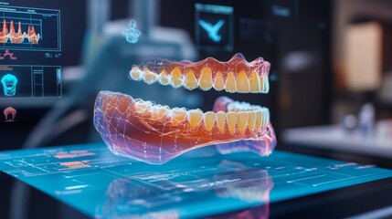 Fototapete - A 3D rendering of a human jaw featuring teeth is showcased on a high-tech digital interface in a contemporary dental clinic. The environment is well-lit, highlighting advanced dental technology.