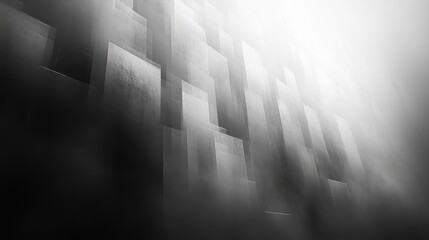 Fototapete - The composition features a textured wall made up of layered rectangles in grayscale, illuminated by a bright light, creating a mysterious atmosphere.