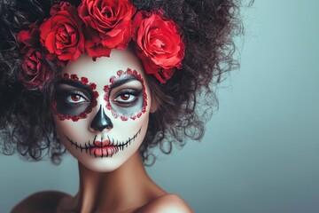 Wall Mural - Curly hair girl with sugar skull Catrina Calavera make up and red rose natural flowers headband close up. Day of Dead. Dia de Los Muertos - generative ai