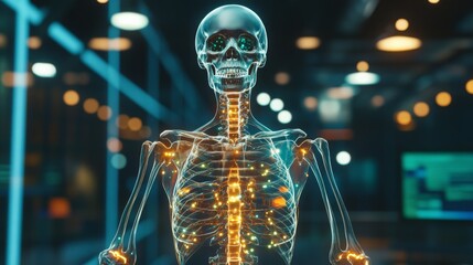Leinwandbilder - A glowing skeleton model stands in a darkened science lab, showcasing the intricacies of the human anatomy